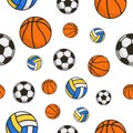 Volleyball, soccer or football and basketball balls seamless pattern.